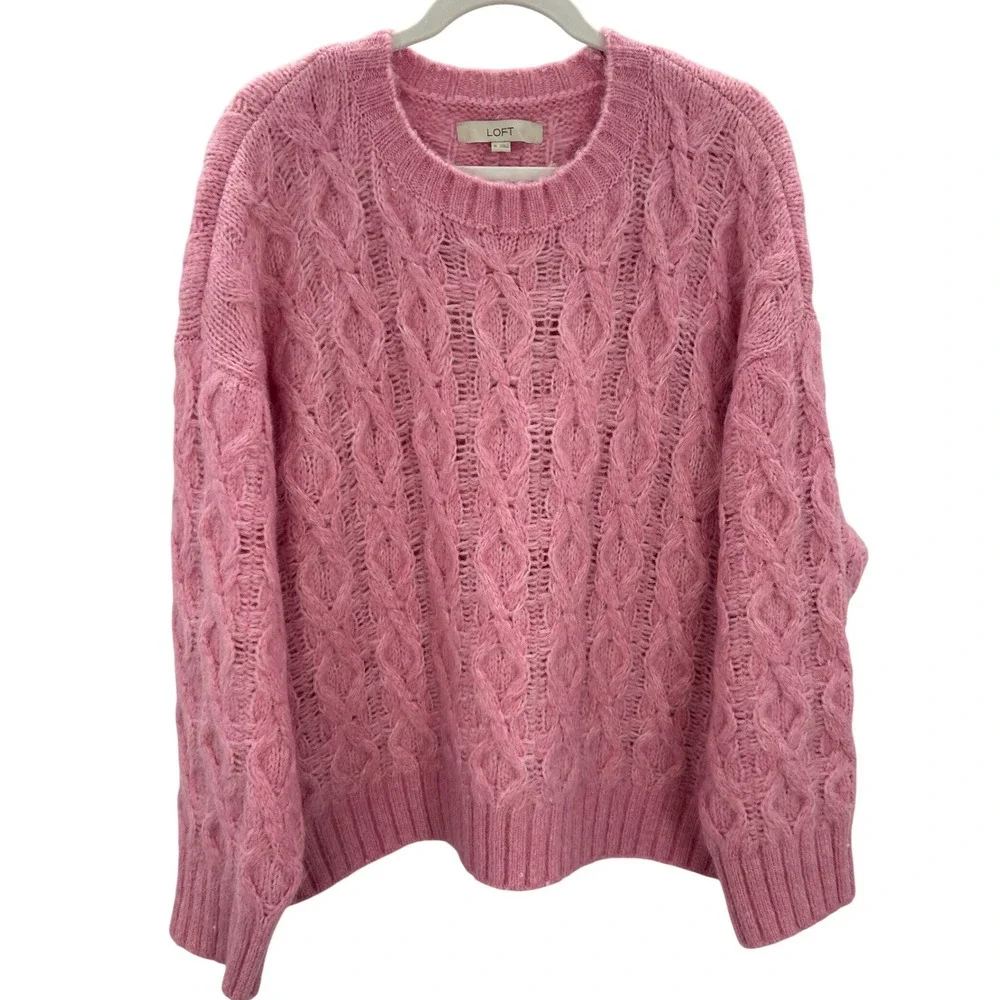 LOFT Pink Cable Open Knit Crew Neck Sweater Womens XL Wool Blend Lightweight